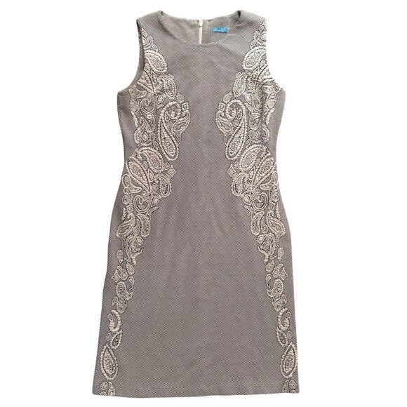 J. McLaughlin Black Gray Checked Dress Paisley Inset Stretch Midi Size Medium - Picture 1 of 9